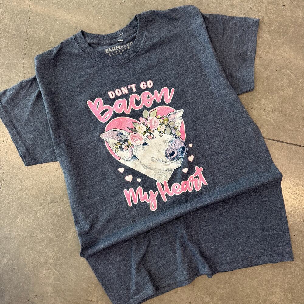 Vintage Y2K Don't Go Bacon Pig Farmer My Heart Grey Sparkle Pink Graphic Tee L